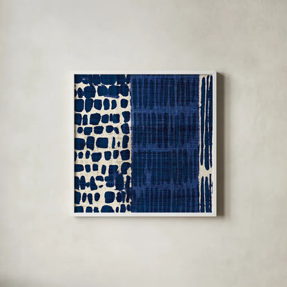 Indigo Batik I by Wild Apple Portfolio. Shown in a crisp white glass frame for a clean and minimalist style. Available as an archival giclee rolled canvas, fine art paper, or poster print. SKU 16448a.