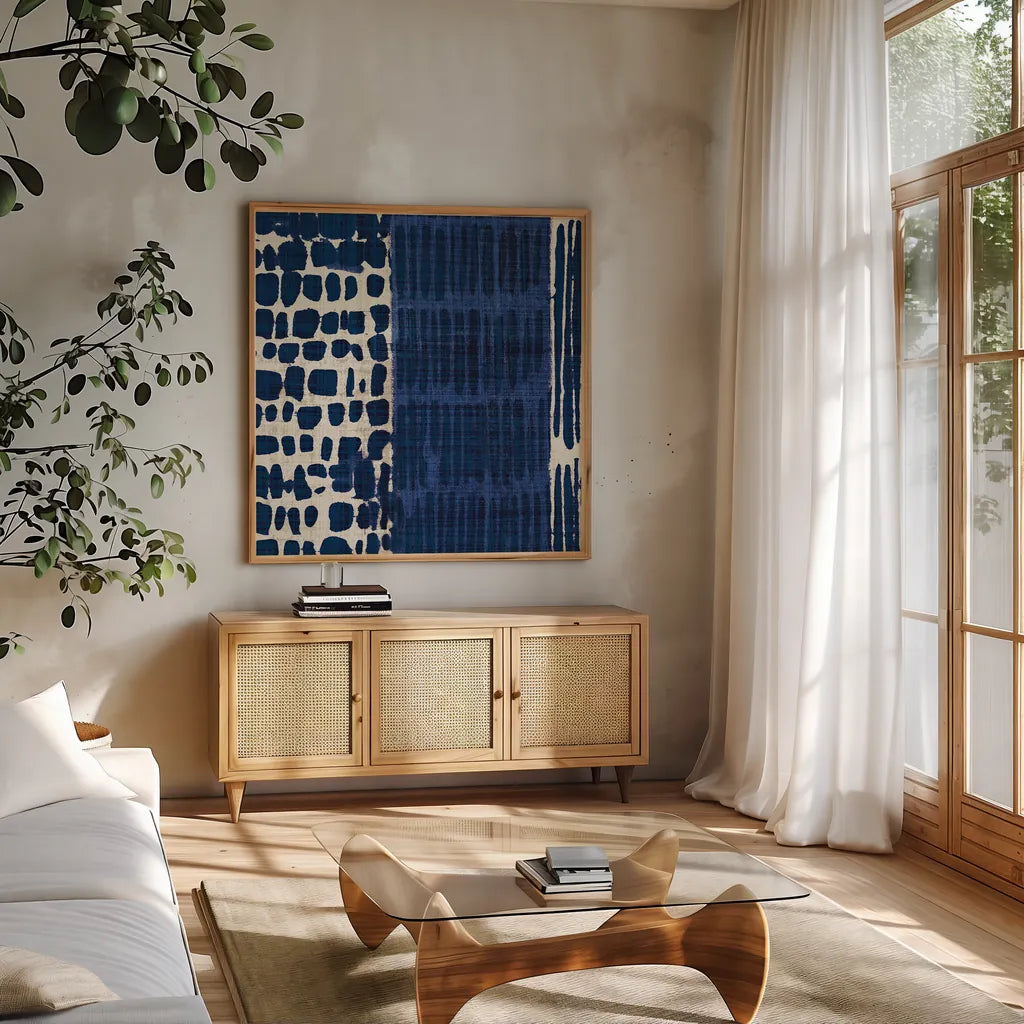 Indigo Batik I by Wild Apple Portfolio. Shown in a natural wood frame in a cozy modern living room. Available as an archival giclee rolled canvas, fine art paper, or poster print. SKU 16448a.