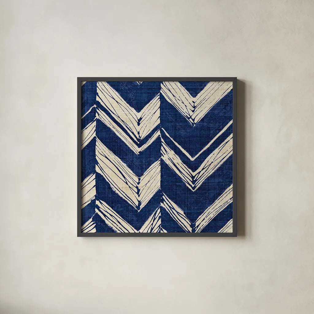 Indigo Batik II by Wild Apple Portfolio. Shown in a sleek black glass frame for a contemporary gallery look. Available as an archival giclee rolled canvas, fine art paper, or poster print. SKU 16449a.