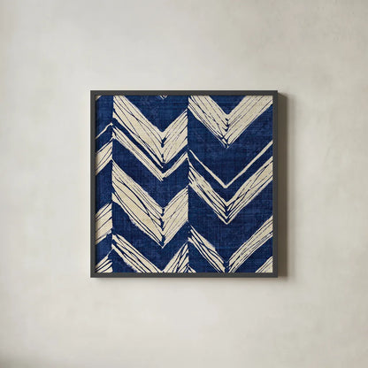 Indigo Batik II by Wild Apple Portfolio. Shown in a sleek black glass frame for a contemporary gallery look. Available as an archival giclee rolled canvas, fine art paper, or poster print. SKU 16449a.