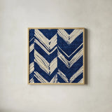 Indigo Batik II by Wild Apple Portfolio. Shown in a natural wood glass frame for a timeless modern aesthetic. Available as an archival giclee rolled canvas, fine art paper, or poster print. SKU 16449a.