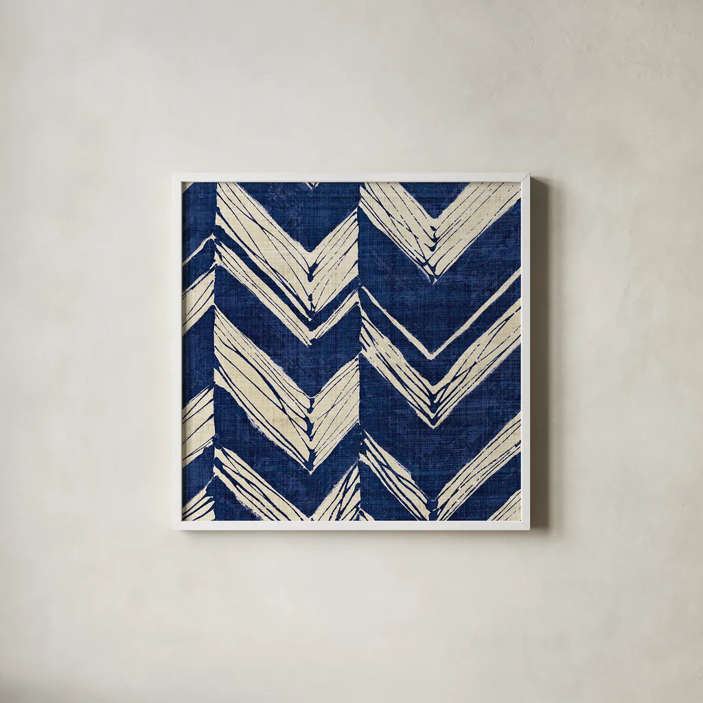 Indigo Batik II by Wild Apple Portfolio. Shown in a crisp white glass frame for a clean and minimalist style. Available as an archival giclee rolled canvas, fine art paper, or poster print. SKU 16449a.