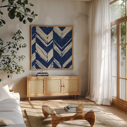 Indigo Batik II by Wild Apple Portfolio. Shown in a natural wood frame in a cozy modern living room. Available as an archival giclee rolled canvas, fine art paper, or poster print. SKU 16449a.