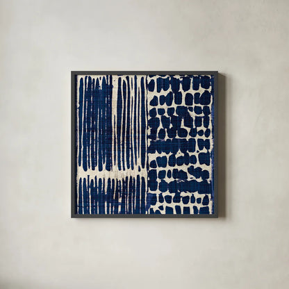 Indigo Batik III by Wild Apple Portfolio. Shown in a sleek black glass frame for a contemporary gallery look. Available as an archival giclee rolled canvas, fine art paper, or poster print. SKU 16450a.