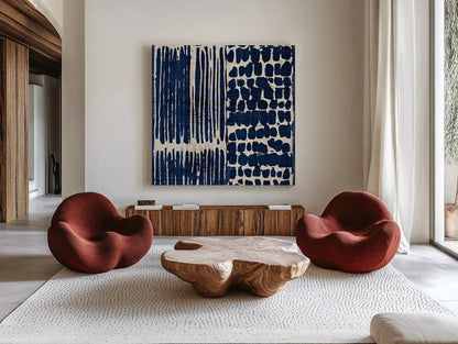 Indigo Batik III by Wild Apple Portfolio. Shown as extra-large giant wall art in a modern living room. Available as an archival giclee rolled canvas, fine art paper, or poster print. SKU 16450a.