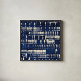 Indigo Batik IV by Wild Apple Portfolio. Shown in a sleek black glass frame for a contemporary gallery look. Available as an archival giclee rolled canvas, fine art paper, or poster print. SKU 16451a.