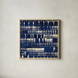 Indigo Batik IV by Wild Apple Portfolio. Shown in a natural wood glass frame for a timeless modern aesthetic. Available as an archival giclee rolled canvas, fine art paper, or poster print. SKU 16451a.