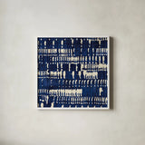 Indigo Batik IV by Wild Apple Portfolio. Shown in a crisp white glass frame for a clean and minimalist style. Available as an archival giclee rolled canvas, fine art paper, or poster print. SKU 16451a.