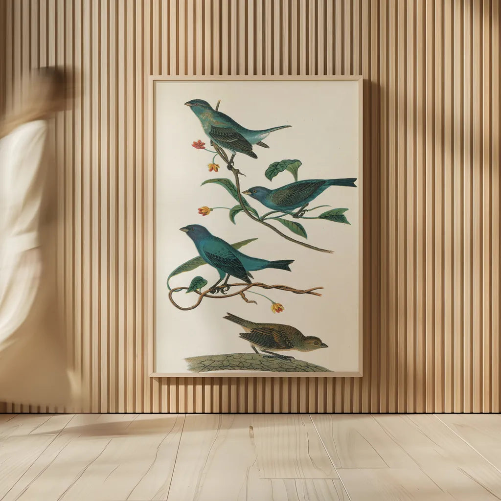 Indigo Bunting Bright by Wild Apple Portfolio. shown as over sized large wall art. Available as an archival giclee rolled canvas, fine art paper, or poster print. SKU 76126h.