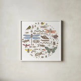 Insect Circle I Bright by Wild Apple Portfolio. Shown in a crisp white glass frame for a clean and minimalist style. Available as an archival giclee rolled canvas, fine art paper, or poster print. SKU 42866a.