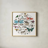 Insect Circle I Bright v2 by Wild Apple Portfolio. Shown in a natural wood glass frame for a timeless modern aesthetic. Available as an archival giclee rolled canvas, fine art paper, or poster print. SKU 52903a.