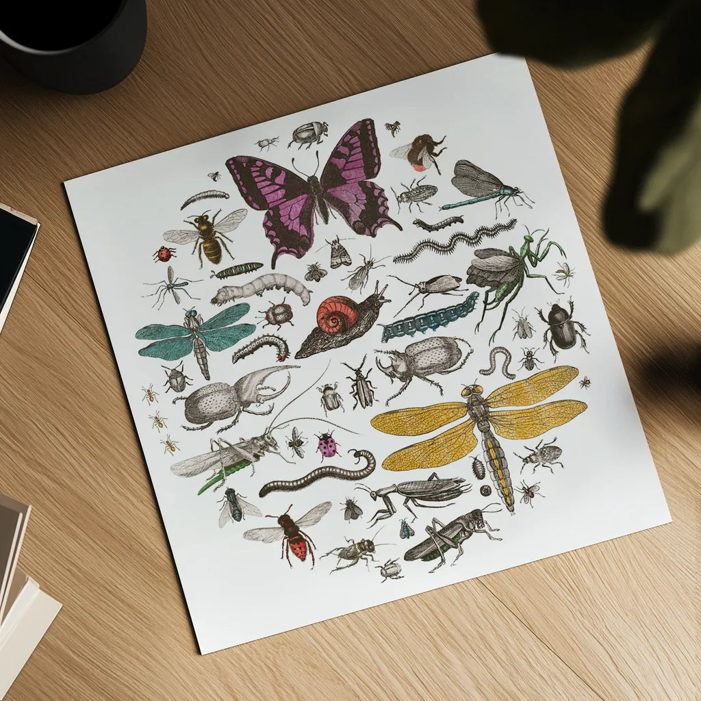 Insect Circle II Bright v2 by Wild Apple Portfolio. Shown as a detailed flat fine art print, highlighting archival giclee quality. Available as an archival giclee rolled canvas, fine art paper, or poster print. SKU 52904a.