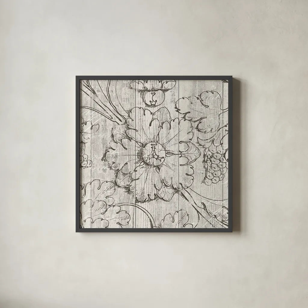 Italian Scroll II on Driftwood by Wild Apple Portfolio. Shown in a sleek black glass frame for a contemporary gallery look. Available as an archival giclee rolled canvas, fine art paper, or poster print. SKU 33633a.