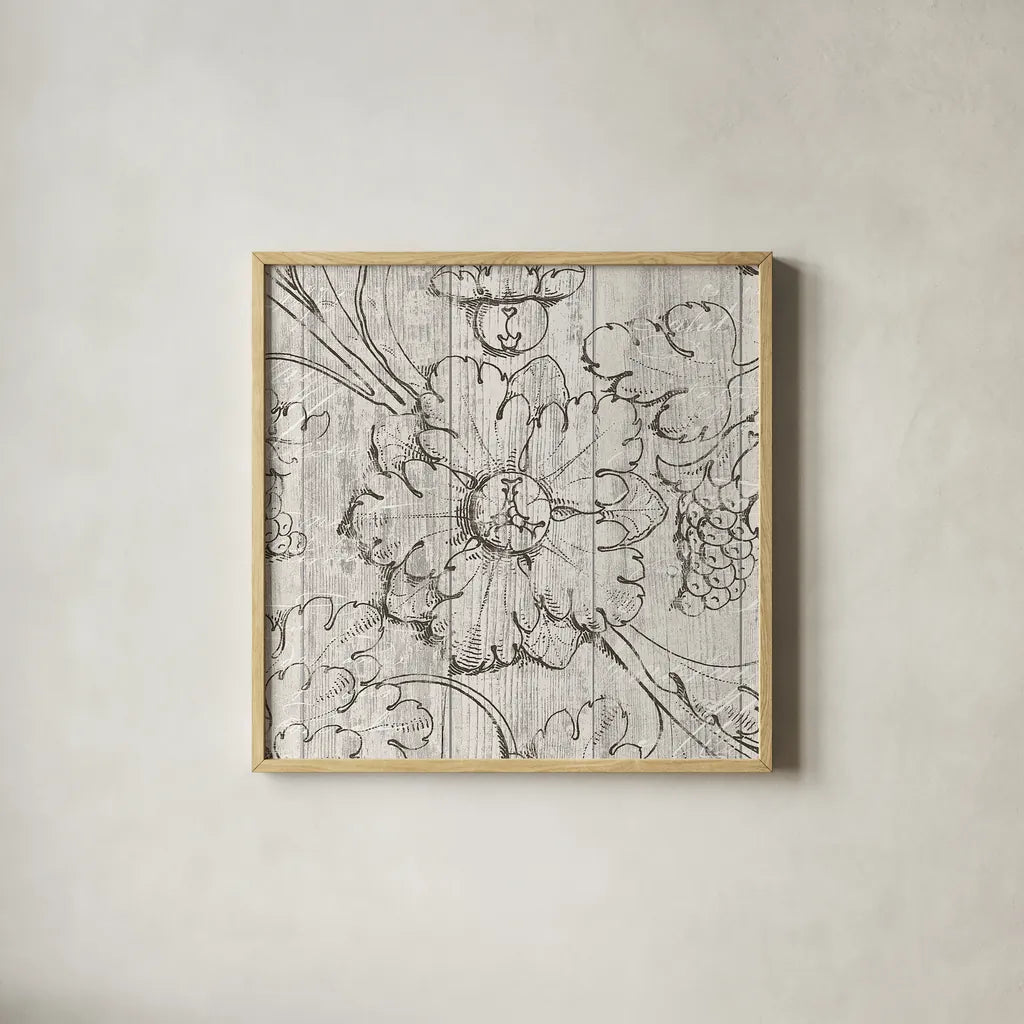 Italian Scroll II on Driftwood by Wild Apple Portfolio. Shown in a natural wood glass frame for a timeless modern aesthetic. Available as an archival giclee rolled canvas, fine art paper, or poster print. SKU 33633a.