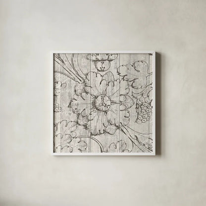 Italian Scroll II on Driftwood by Wild Apple Portfolio. Shown in a crisp white glass frame for a clean and minimalist style. Available as an archival giclee rolled canvas, fine art paper, or poster print. SKU 33633a.
