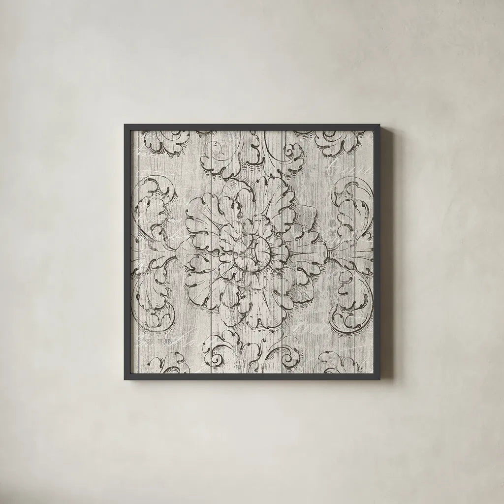 Italian Scroll V on Driftwood by Wild Apple Portfolio. Shown in a sleek black glass frame for a contemporary gallery look. Available as an archival giclee rolled canvas, fine art paper, or poster print. SKU 33634a.