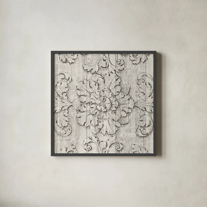 Italian Scroll V on Driftwood by Wild Apple Portfolio. Shown in a sleek black glass frame for a contemporary gallery look. Available as an archival giclee rolled canvas, fine art paper, or poster print. SKU 33634a.