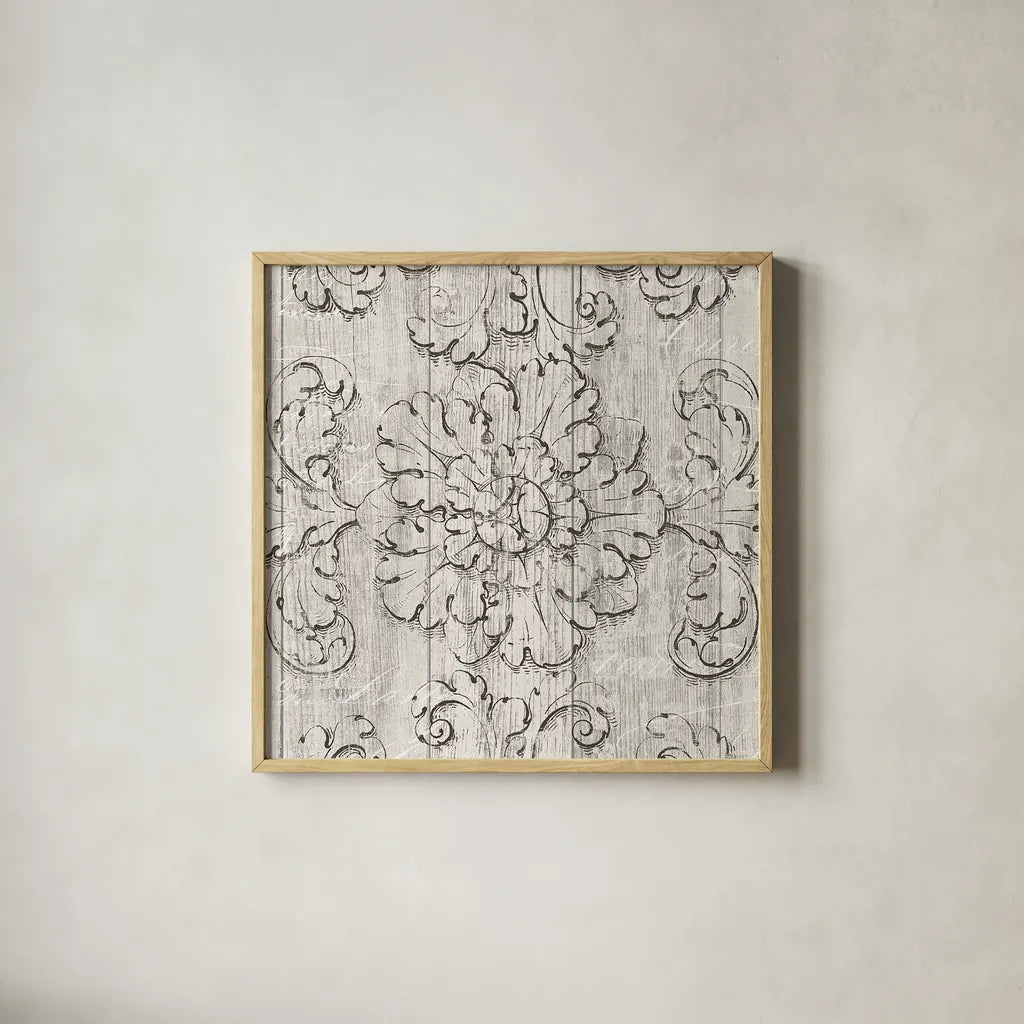 Italian Scroll V on Driftwood by Wild Apple Portfolio. Shown in a natural wood glass frame for a timeless modern aesthetic. Available as an archival giclee rolled canvas, fine art paper, or poster print. SKU 33634a.