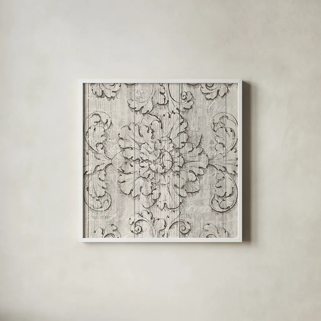Italian Scroll V on Driftwood by Wild Apple Portfolio. Shown in a crisp white glass frame for a clean and minimalist style. Available as an archival giclee rolled canvas, fine art paper, or poster print. SKU 33634a.