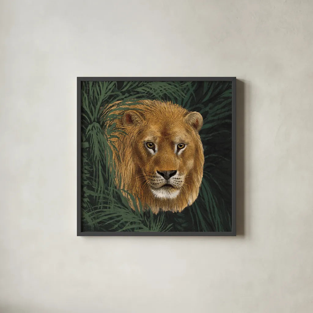 Jungle Cat Bust I by Wild Apple Portfolio. Shown in a sleek black glass frame for a contemporary gallery look. Available as an archival giclee rolled canvas, fine art paper, or poster print. SKU 95607a.
