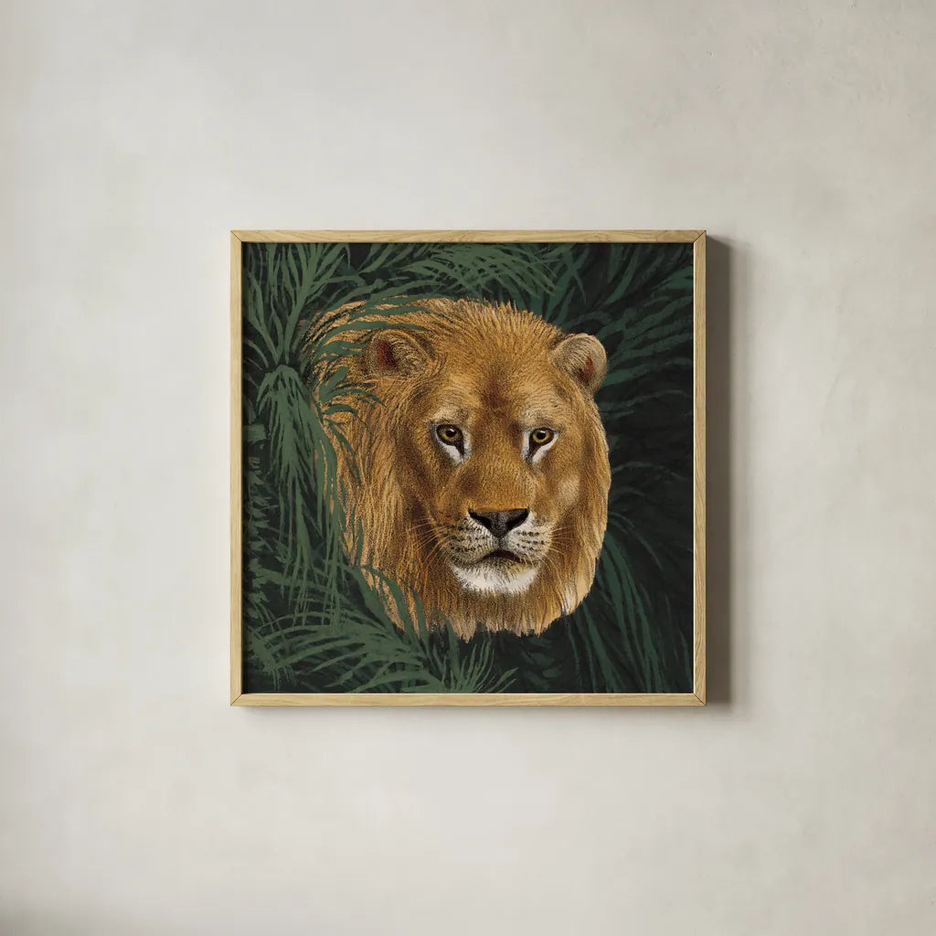Jungle Cat Bust I by Wild Apple Portfolio. Shown in a natural wood glass frame for a timeless modern aesthetic. Available as an archival giclee rolled canvas, fine art paper, or poster print. SKU 95607a.