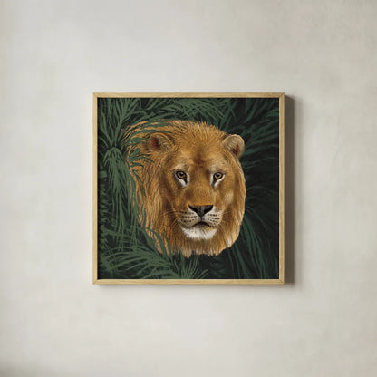 Jungle Cat Bust I by Wild Apple Portfolio. Shown in a natural wood glass frame for a timeless modern aesthetic. Available as an archival giclee rolled canvas, fine art paper, or poster print. SKU 95607a.