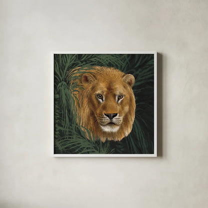 Jungle Cat Bust I by Wild Apple Portfolio. Shown in a crisp white glass frame for a clean and minimalist style. Available as an archival giclee rolled canvas, fine art paper, or poster print. SKU 95607a.