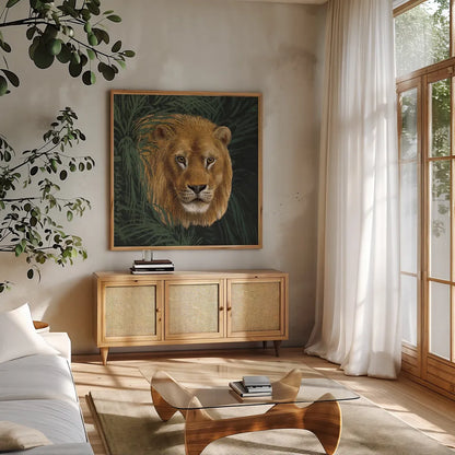 Jungle Cat Bust I by Wild Apple Portfolio. Shown in a natural wood frame in a cozy modern living room. Available as an archival giclee rolled canvas, fine art paper, or poster print. SKU 95607a.