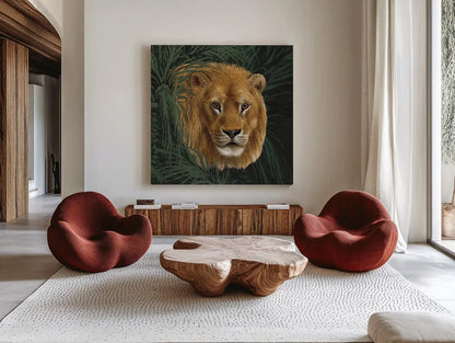 Jungle Cat Bust I by Wild Apple Portfolio. Shown as extra-large giant wall art in a modern living room. Available as an archival giclee rolled canvas, fine art paper, or poster print. SKU 95607a.