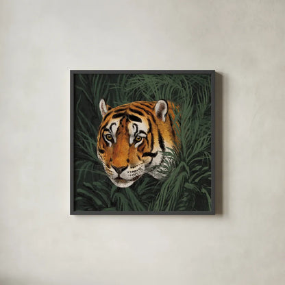 Jungle Cat Bust II by Wild Apple Portfolio. Shown in a sleek black glass frame for a contemporary gallery look. Available as an archival giclee rolled canvas, fine art paper, or poster print. SKU 95608a.