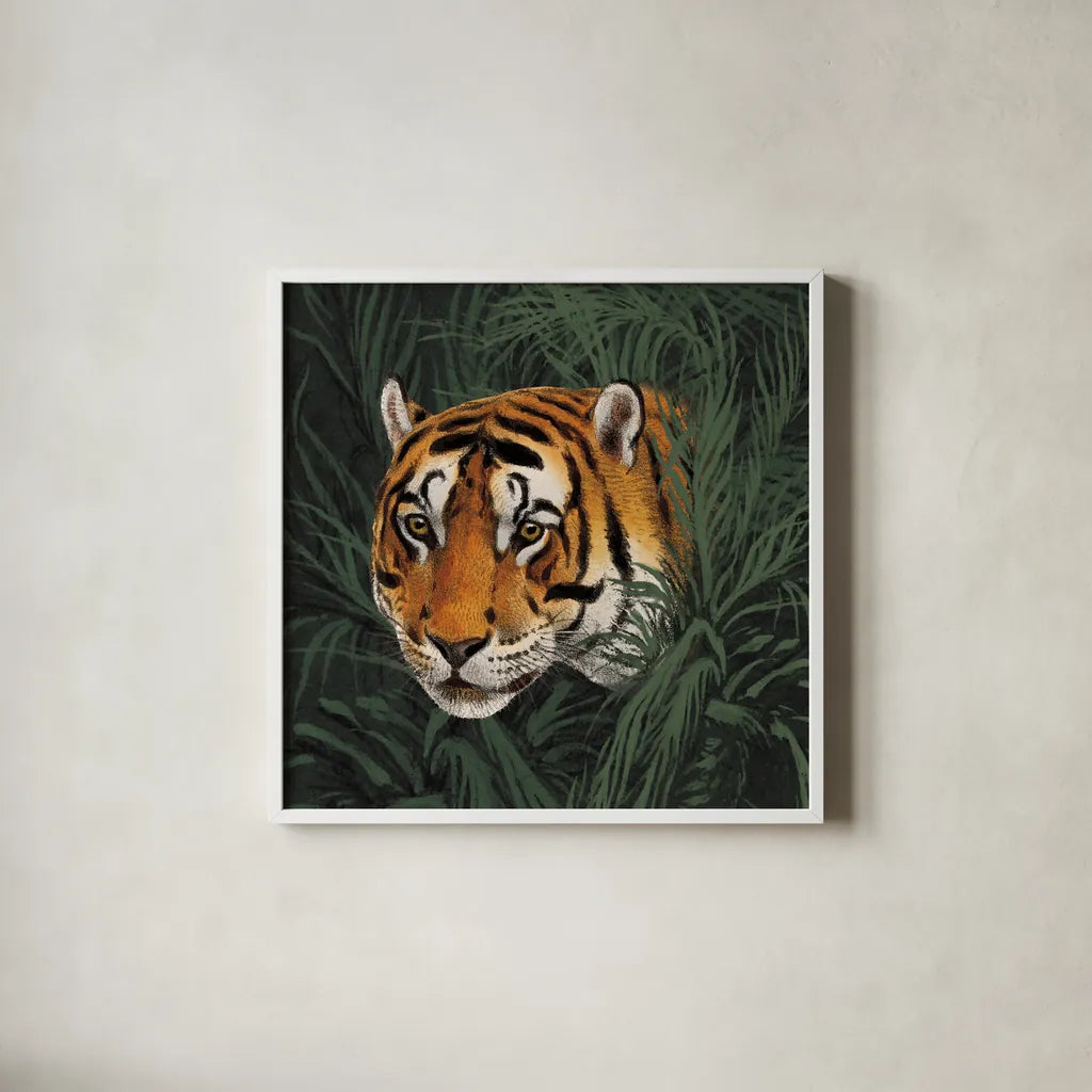 Jungle Cat Bust II by Wild Apple Portfolio. Shown in a crisp white glass frame for a clean and minimalist style. Available as an archival giclee rolled canvas, fine art paper, or poster print. SKU 95608a.