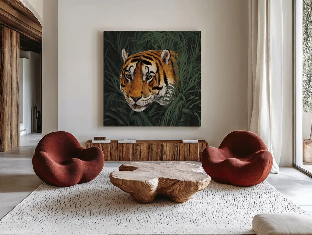 Jungle Cat Bust II by Wild Apple Portfolio. Shown as extra-large giant wall art in a modern living room. Available as an archival giclee rolled canvas, fine art paper, or poster print. SKU 95608a.