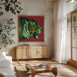 Jungle Flair I by Wild Apple Portfolio. Shown in a natural wood frame in a cozy modern living room. Available as an archival giclee rolled canvas, fine art paper, or poster print. SKU 45401a.