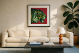 Jungle Flair I by Wild Apple Portfolio. Displayed in a glass frame with matte in a clean modern living room. Available as an archival giclee rolled canvas, fine art paper, or poster print. SKU 45401a.
