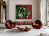 Jungle Flair I by Wild Apple Portfolio. Shown as extra-large giant wall art in a modern living room. Available as an archival giclee rolled canvas, fine art paper, or poster print. SKU 45401a.