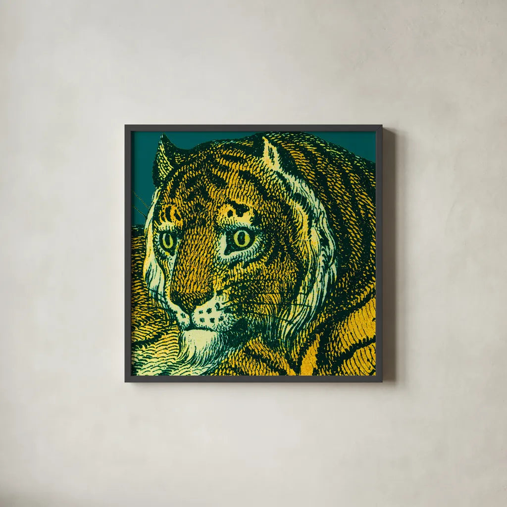 Jungle Flair II by Wild Apple Portfolio. Shown in a sleek black glass frame for a contemporary gallery look. Available as an archival giclee rolled canvas, fine art paper, or poster print. SKU 45402a.