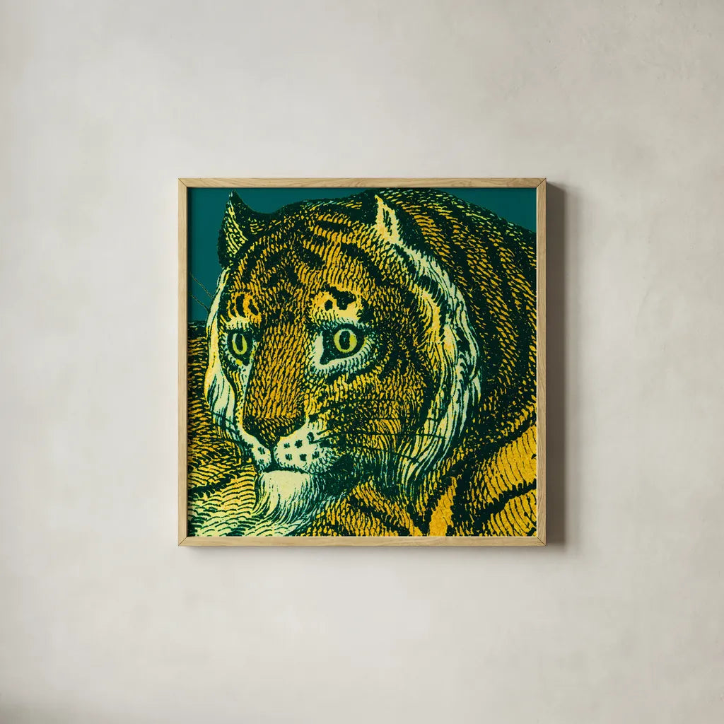 Jungle Flair II by Wild Apple Portfolio. Shown in a natural wood glass frame for a timeless modern aesthetic. Available as an archival giclee rolled canvas, fine art paper, or poster print. SKU 45402a.