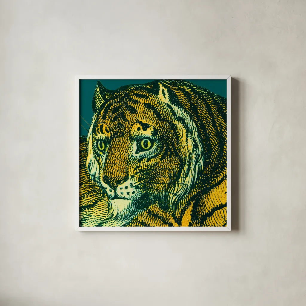 Jungle Flair II by Wild Apple Portfolio. Shown in a crisp white glass frame for a clean and minimalist style. Available as an archival giclee rolled canvas, fine art paper, or poster print. SKU 45402a.