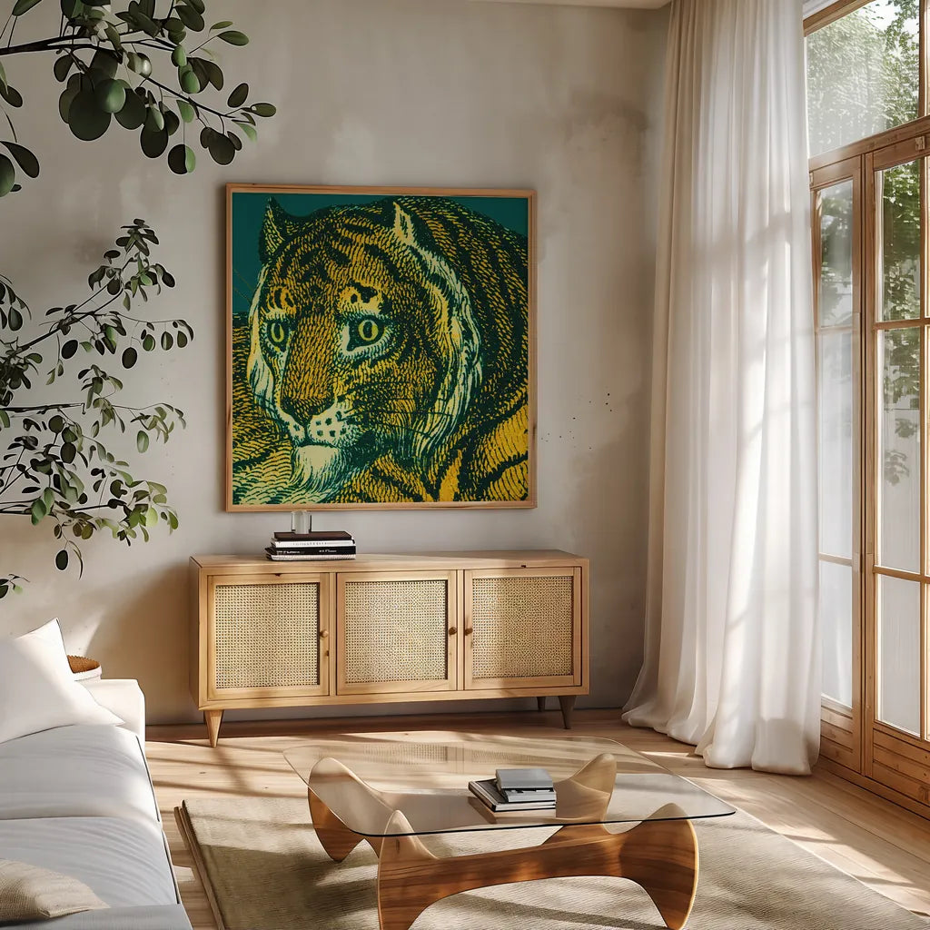 Jungle Flair II by Wild Apple Portfolio. Shown in a natural wood frame in a cozy modern living room. Available as an archival giclee rolled canvas, fine art paper, or poster print. SKU 45402a.