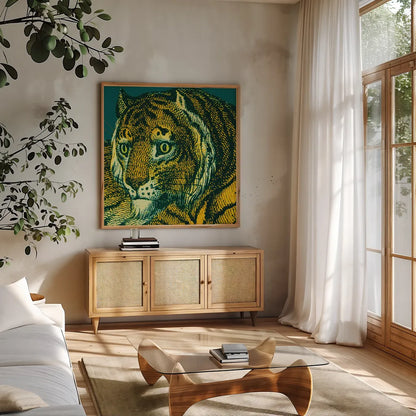 Jungle Flair II by Wild Apple Portfolio. Shown in a natural wood frame in a cozy modern living room. Available as an archival giclee rolled canvas, fine art paper, or poster print. SKU 45402a.