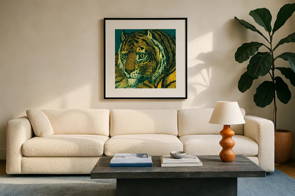 Jungle Flair II by Wild Apple Portfolio. Displayed in a glass frame with matte in a clean modern living room. Available as an archival giclee rolled canvas, fine art paper, or poster print. SKU 45402a.