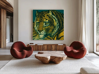Jungle Flair II by Wild Apple Portfolio. Shown as extra-large giant wall art in a modern living room. Available as an archival giclee rolled canvas, fine art paper, or poster print. SKU 45402a.