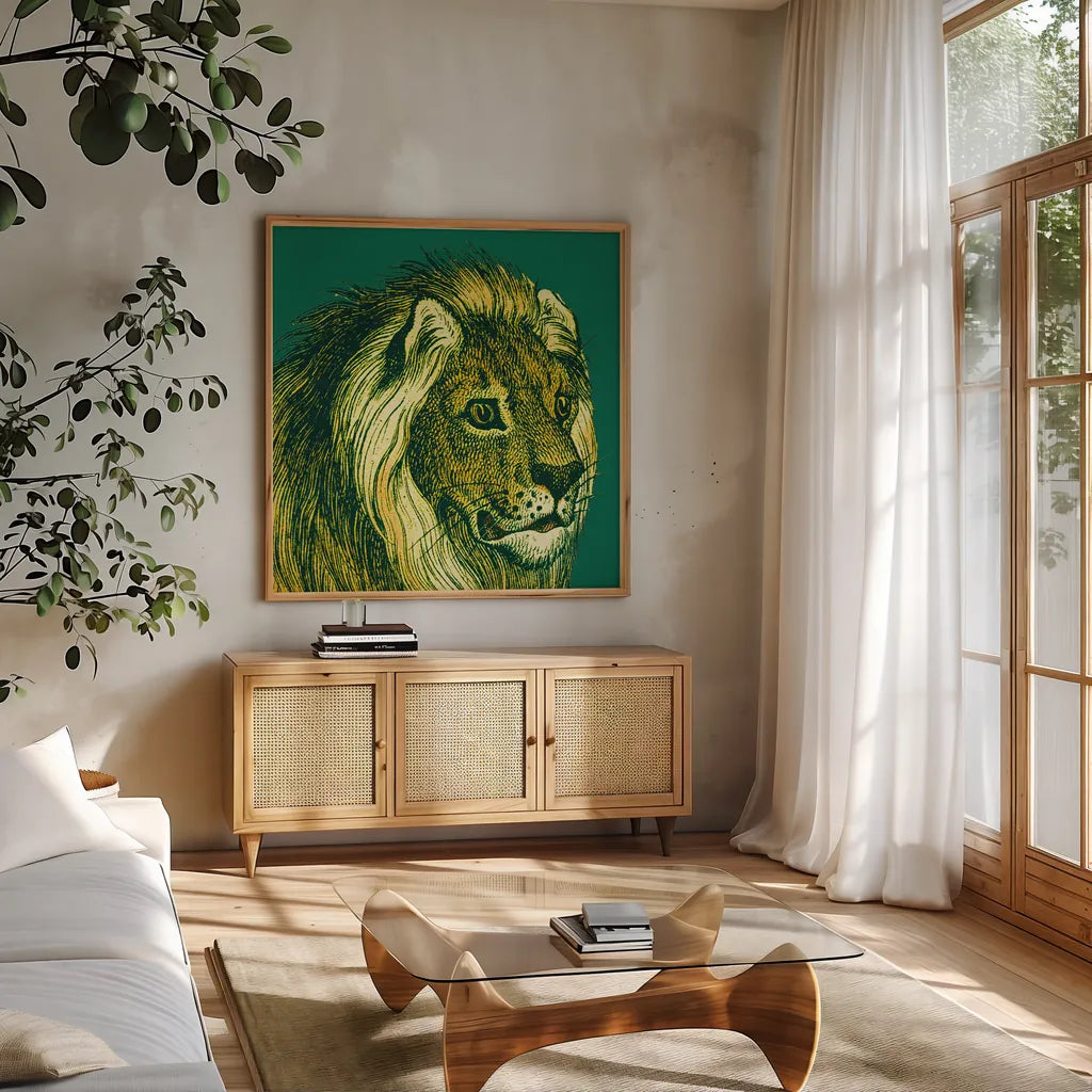 Jungle Flair III by Wild Apple Portfolio. Shown in a natural wood frame in a cozy modern living room. Available as an archival giclee rolled canvas, fine art paper, or poster print. SKU 45403a.