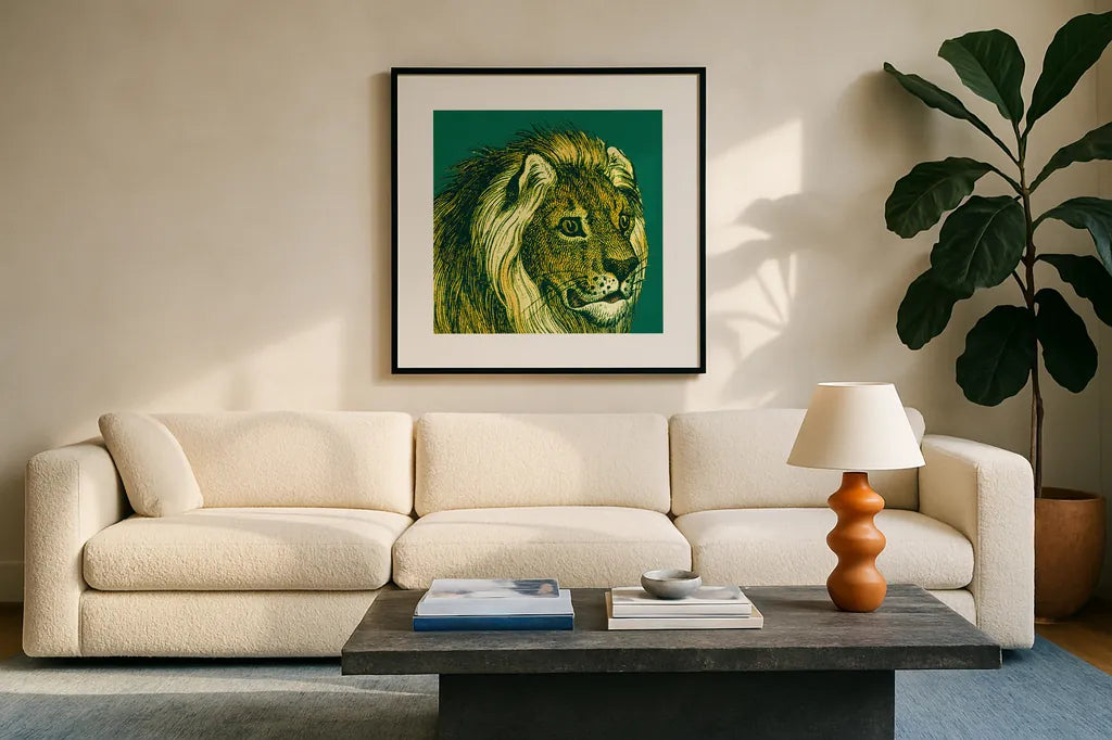 Jungle Flair III by Wild Apple Portfolio. Displayed in a glass frame with matte in a clean modern living room. Available as an archival giclee rolled canvas, fine art paper, or poster print. SKU 45403a.