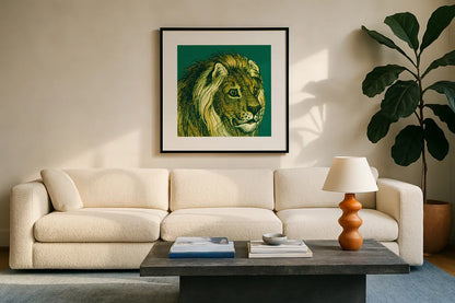 Jungle Flair III by Wild Apple Portfolio. Displayed in a glass frame with matte in a clean modern living room. Available as an archival giclee rolled canvas, fine art paper, or poster print. SKU 45403a.