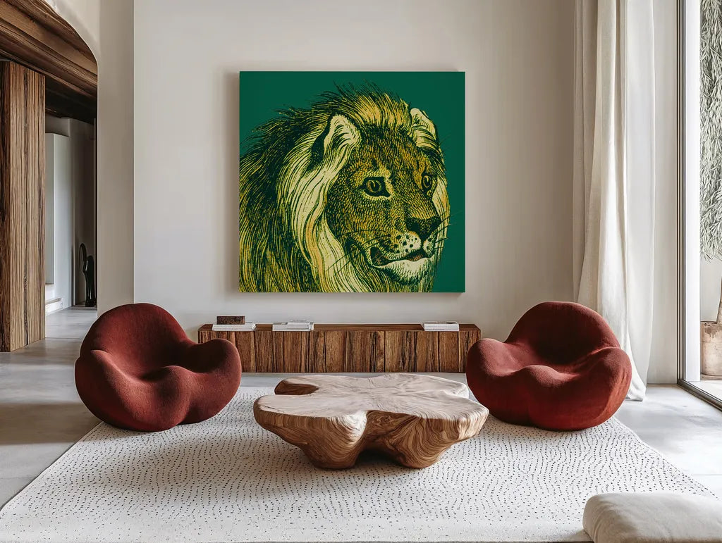 Jungle Flair III by Wild Apple Portfolio. Shown as extra-large giant wall art in a modern living room. Available as an archival giclee rolled canvas, fine art paper, or poster print. SKU 45403a.