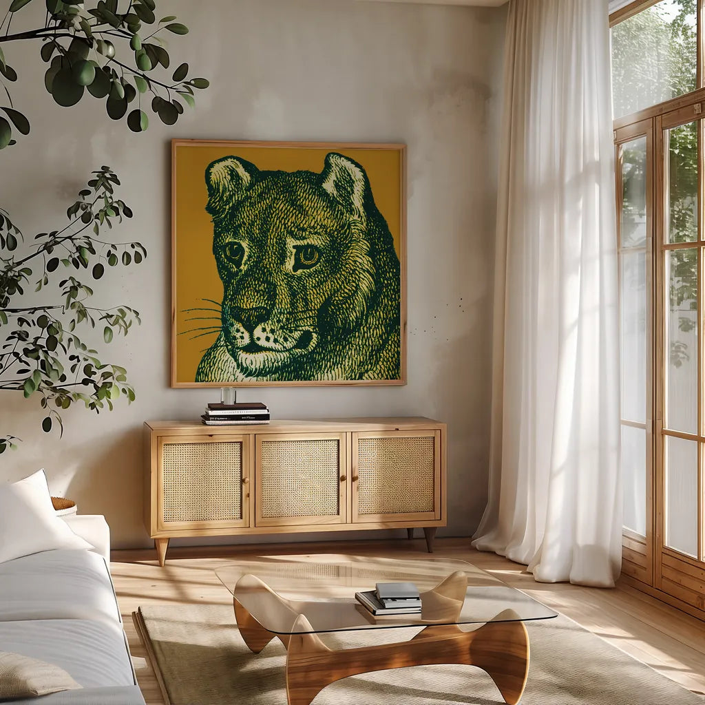 Jungle Flair IV by Wild Apple Portfolio. Shown in a natural wood frame in a cozy modern living room. Available as an archival giclee rolled canvas, fine art paper, or poster print. SKU 45404a.