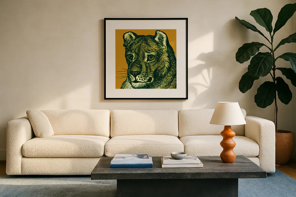 Jungle Flair IV by Wild Apple Portfolio. Displayed in a glass frame with matte in a clean modern living room. Available as an archival giclee rolled canvas, fine art paper, or poster print. SKU 45404a.