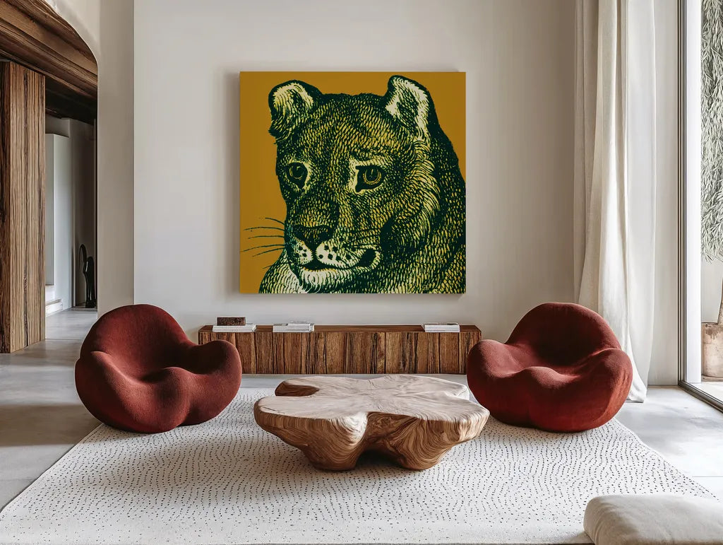 Jungle Flair IV by Wild Apple Portfolio. Shown as extra-large giant wall art in a modern living room. Available as an archival giclee rolled canvas, fine art paper, or poster print. SKU 45404a.