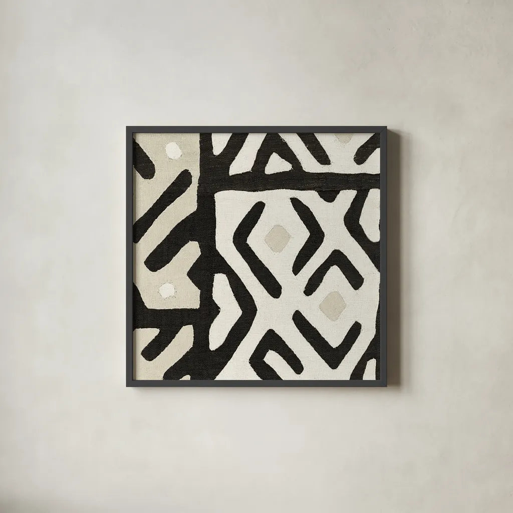 Kuba Cloth I Sq I Neutral by Wild Apple Portfolio. Shown in a sleek black glass frame for a contemporary gallery look. Available as an archival giclee rolled canvas, fine art paper, or poster print. SKU 51730a.